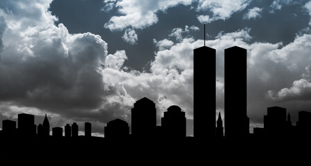 New York skyline silhouette on background of black and white sky. American Patriot Day banner.