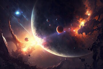 fantasy space background with planets, stars and nebula