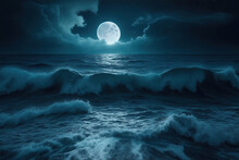 Seascape Night Fantasy Of Beautiful Waves With Full Moon As Illustration