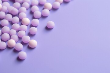 Violet candies on pastel lavender background, minimalistic, top view, copy space. AI generated