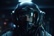 Fighter pilot wearing a helmet. fictional person created with generative AI