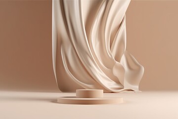 3D display podium, beige background with pedestal and flying nude color silk cloth curtain. Nature wind. Beauty, cosmetic product presentation stand. Luxury feminine mockup 3d render Generative AI.
