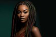 © Wizzi - Black skin woman model with long braided hair. African Ethnic female face with interesting hairdo. Extreme close up beauty portrait of beautiful young african woman, created with generative ai