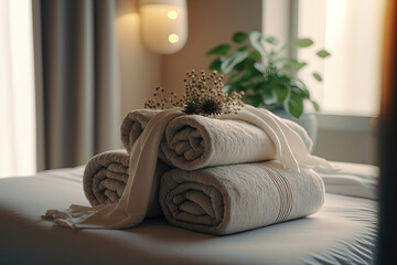 soft beige spa towels on a massage bed in a therapy room ,towels in a spa