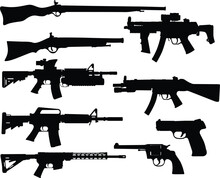 Set Of Guns Rifles, Pistols, Sniper, Assault Silhouette Vector Illustration 