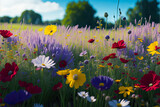 Fototapeta Kwiaty - Colorful flower meadow in summer. Wild flowers in spring,  sunset, Generative ai