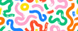 Multi colored squiggles with circles seamless pattern. Brush drawn bold curved lines, waves and swirls. Abstract geometric colorful background with organic bold lines. Childish doodles and scribbles.