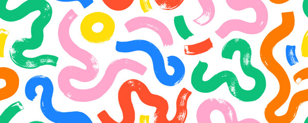 multi colored squiggles with circles seamless pattern. brush drawn bold curved lines, waves and swir