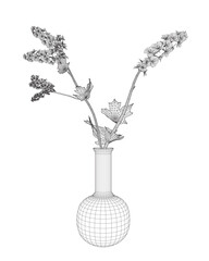 Poster - Wireframe of Flowers line drawing vector art in a vase for decoration. Line flower bouquets in vases, vector illustration. 3D.