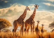 The Gentle Sway Of A Family Of Giraffes. Wallpaper, Background, Digital Poster, Generative AI.