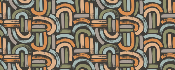 Aesthetic seamless pattern with neutral color arches. Brush drawn bold arches and curved lines. Rainbow motif pattern, boho style background. Geometric shapes vector seamless background.