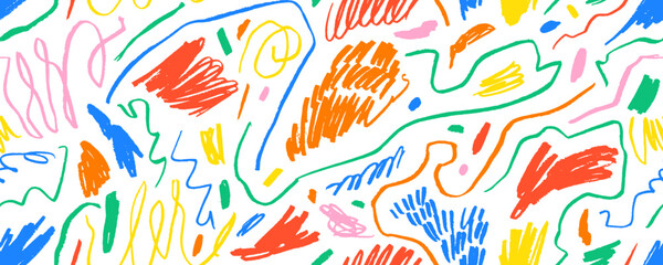 Aufkleber - Multi colored charcoal pencil curly lines and squiggles seamless pattern. Scribble brush strokes ornament. Hand drawn marker scribbles. Colorful pencil sketches. Brush stroke lines, squiggles, daubs.
