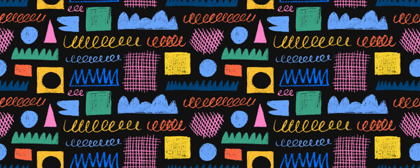 Random childish colored pencil shapes and scribbles seamless pattern. Charcoal geometric figures ornament. Colorful childish freehand scratches and hand drawn crayon shapes background. Doodle objects.