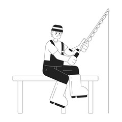 Poster - fisherman reeling in fish on dock monochromatic flat vector character. fisher in bucket hat. editabl
