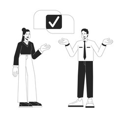 Poster - co-workers partnership bw concept vector spot illustration. colleagues sharing 2d cartoon flat line 