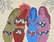 Four curvy girls posing in swimsuits. Concept about body positivity and diversity