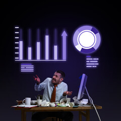 Brainstorming and deadlines. Businessman working late hours, making graphs, analytical report. Contemporary art collage. Concept of business, office, career, success. Dark mode design. Ad