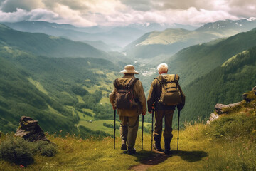 an elderly couple in the mountains on a hike