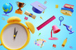 © Olga - Back to school. Big alarm clock and student learning education elements. 3d rendering