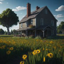 Farm House With Large Green Yard With Flowers , Trees And  Stone Path,  Sunny Day Generative Ai