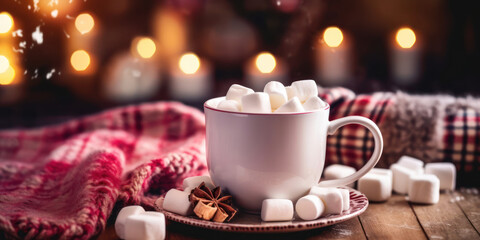 Cup of chocolate with marshmallows on table closeup, hot Winter holiday beverage