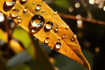 Wall Mural - Water drop sparkle in sun on leaf (Ai generated)