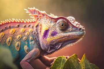 Mesmerizing sight of a chameleon lizard's face in a breathtaking close-up shot. Against the blurred backdrop of nature. Generative AI.