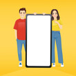 © Volha Hlinskaya - Smiling young woman and man near large blank phone screen full length. Happy group of friends standing with empty smartphone together vector illustration