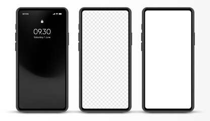 Poster - 3D realistic high quality smartphone mockup with isolated background. Smart phone mockup collection. Device front view. 3D mobile phone with shadow on white background.