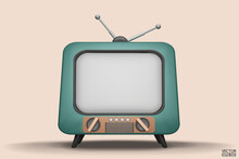 3D Render Green Vintage Television Cartoon Style Isolate On  Background. Minimal Retro TV. Green Analog TV.  Old TV Set With Antenna. 3d Vector Illustration.