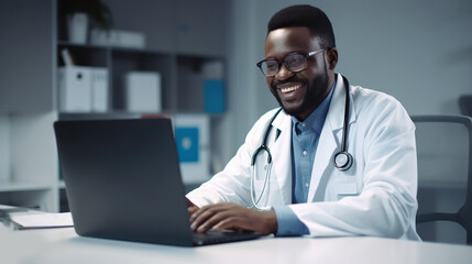 Wall Mural - Afro American male doctor in uniform and stethoscope working on laptop in modern hospital