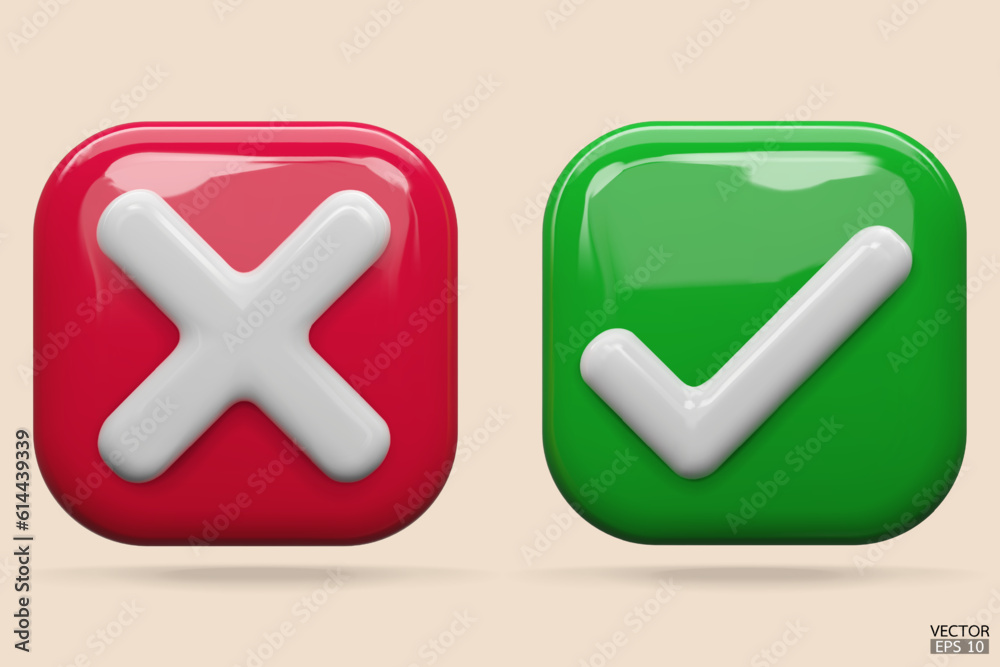 3D green Checkmark and red X mark icon. Checkmark right symbol, tick ...