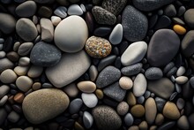 Pebble Beach Background. Smooth Round Wet Pebbles Texture Background. Pebble Sea Beach Close-up. Generative AI