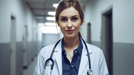 Wall Mural - Portrait of a young female doctor in uniform and stethoscope on blurred background of a hospital corridor