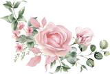 Watercolor floral illustration. Pink flowers and eucalyptus greenery bouquet.  Dusty roses, soft light blush peony - border, wreath, frame. Perfect wedding stationary, greetings,  fashion, background