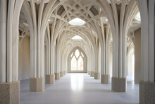 A Long Hallway Of White Arches And Columns In A Large Cathedral
