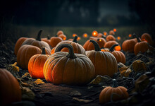 Orange Ripe Harvest Of Pumpkins Lies For Sale In The Farmer's Market On Halloween. AI Generated