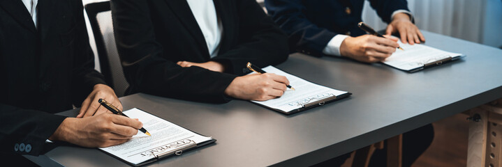 Wall Mural - Panorama view of corporate executives sign joint business contract in boardroom, negotiating partnership agreement for collaboration. Professional agreement between big corporations. Prodigy