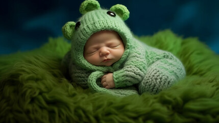 Professional photo session of a newborn baby in a green knitted outfit, a baby sleeping in a swamp location in the form of a little frog. Created in AI.