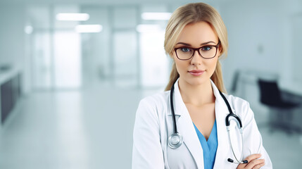 Wall Mural - Portrait of a young female doctor in uniform and stethoscope on blurred background of a hospital corridor