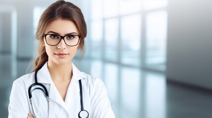 Wall Mural - Portrait of a young female doctor in uniform and stethoscope on blurred background of a hospital corridor