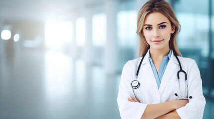 Wall Mural - Portrait of a young female doctor in uniform and stethoscope on blurred background of a hospital corridor