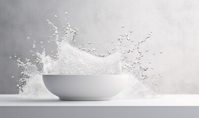  a white bowl with water splashing out of it on a white table top with a gray background and a gray wall behind it, with a splash of water coming from the bowl.  generative ai