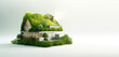 © SnowElf - Toy model small country house in green plants with grass roof isolated on white background with copy space. Banner template, creative concept of country eco village. Generative AI 3d render