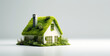 © SnowElf - Toy model of little country house in green plants with grass roof isolated on white background with copy space. Banner template, creative concept of country eco village. Generative AI 3d render