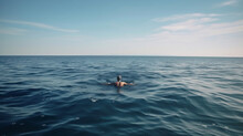Man In The Water Swims In The Open Ocean Sea, Generative AI