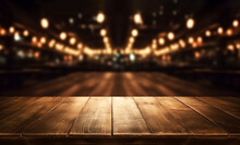 Empty Wooden Table And Blurred Background Of Hall Of Stage Bar Or Cafe With Bokeh Lights. High Quality Photo