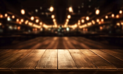 empty wooden table and blurred background of hall of stage bar or cafe with bokeh lights. high quali