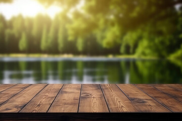 Aufkleber - Empty wooden deck table over blurred lake forest with sunlight background, product display montage. High quality photo