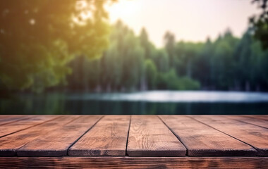 Aufkleber - Wooden table in front of blurred lake summer forest nature background. Ready for product display montage. High quality photo